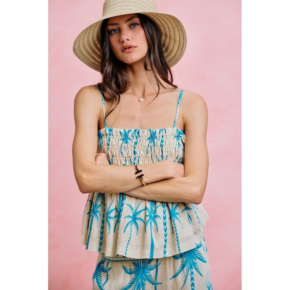 SO ME Palm Tree Smocked Bodice Adjustable Cami Top - Blue - Medium - Picture 4 of 16